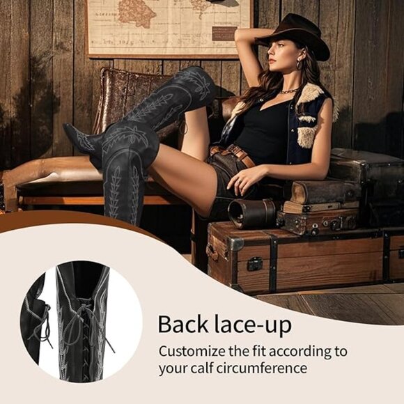 Thigh High Cowboy Boots with Lace Up Wide Calf Over The Knee Cowgirl Boot - Picture 7 of 7